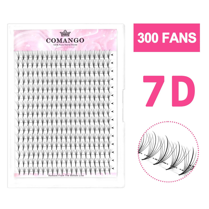 Extensão de Cílios Premade 7D Wispy Fans CoMango – Volume Russo, Base Fina, Preto Natural, 300 Fans