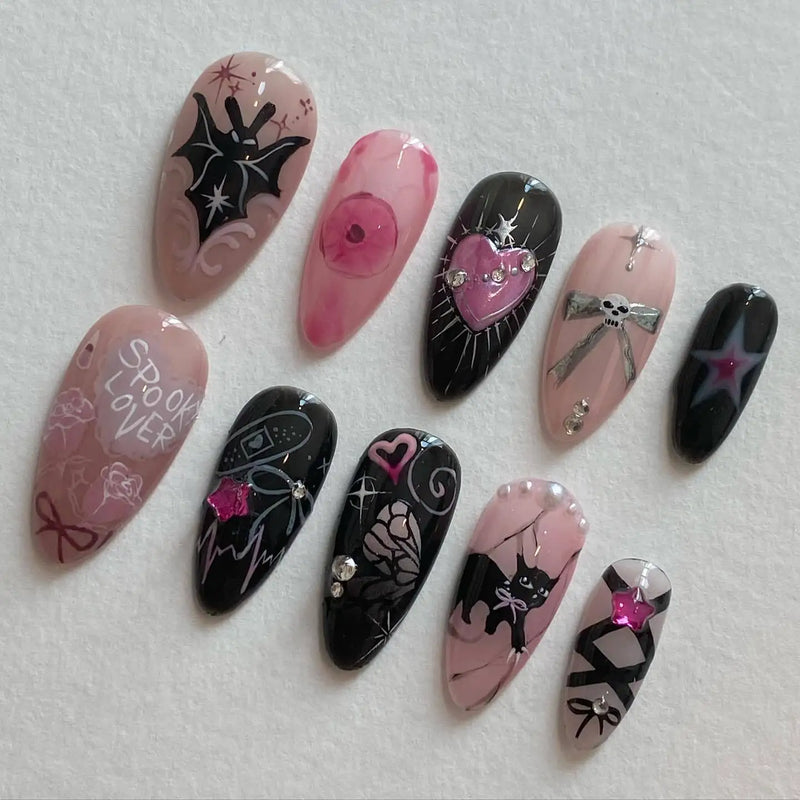 Unhas Postiças 24pcs Rosa Amêndoa com Laços, Corações e Pérolas – Press On Nail Estilo Coreano
