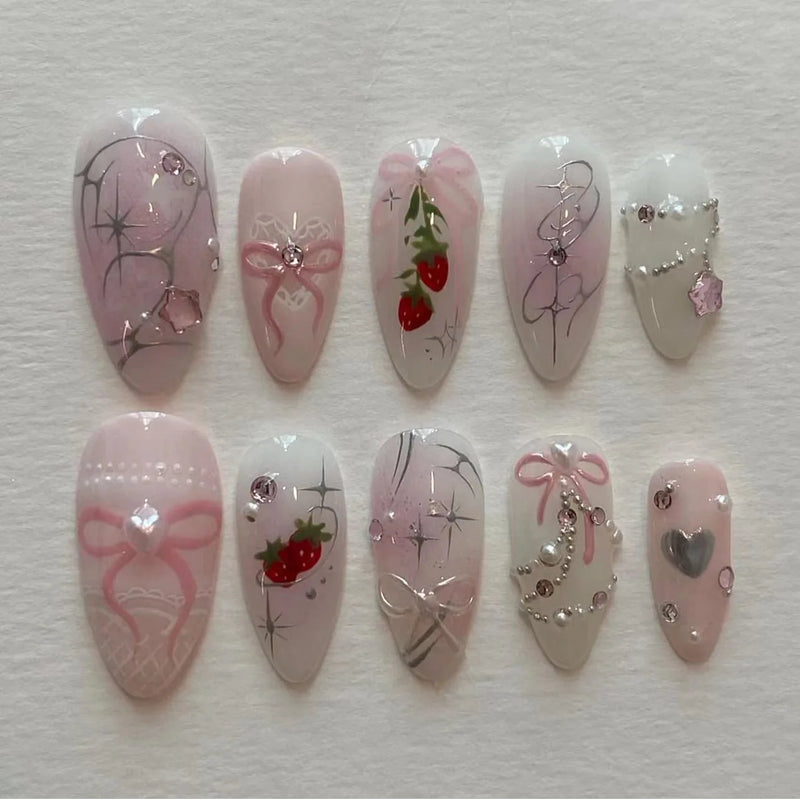 Unhas Postiças 24pcs Rosa Amêndoa com Laços, Corações e Pérolas – Press On Nail Estilo Coreano