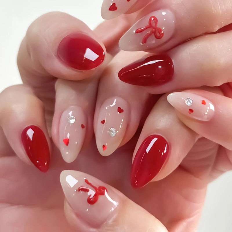 Unhas Postiças 24pcs Rosa Amêndoa com Laços, Corações e Pérolas – Press On Nail Estilo Coreano