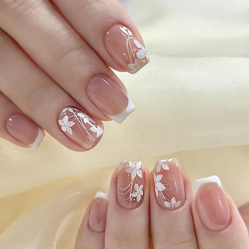 Unhas Postiças 24pcs Rosa Amêndoa com Laços, Corações e Pérolas – Press On Nail Estilo Coreano