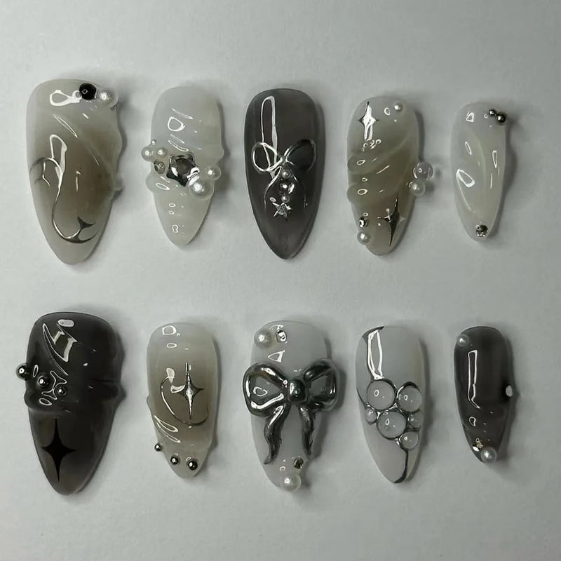 Unhas Postiças 24pcs Rosa Amêndoa com Laços, Corações e Pérolas – Press On Nail Estilo Coreano