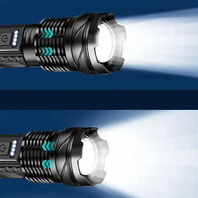 Lanterna LED Recarregável A76 COB Super Brilhante com Zoom, Luz Lateral e Power Bank