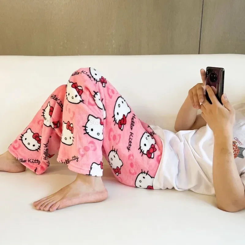 Pijama Hello Kitty 2024 – Calça Flanela Feminina Kawaii, Confortável e Casual