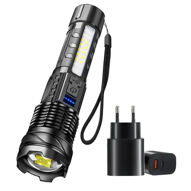 Lanterna LED Recarregável A76 COB Super Brilhante com Zoom, Luz Lateral e Power Bank