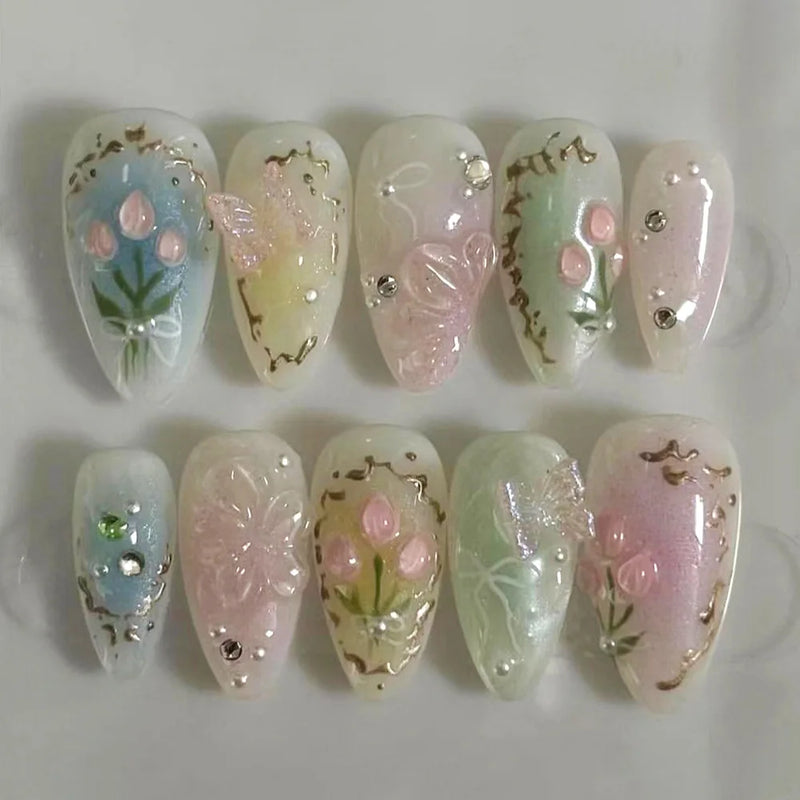 Unhas Postiças 24pcs Rosa Amêndoa com Laços, Corações e Pérolas – Press On Nail Estilo Coreano