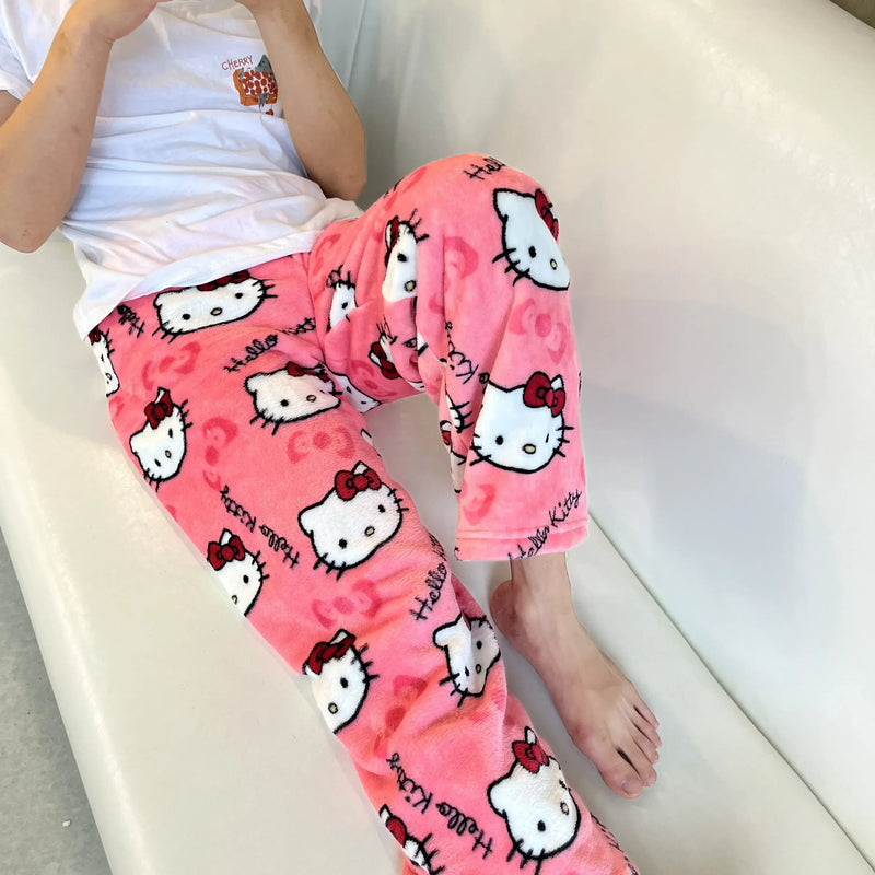 Pijama Hello Kitty 2024 – Calça Flanela Feminina Kawaii, Confortável e Casual