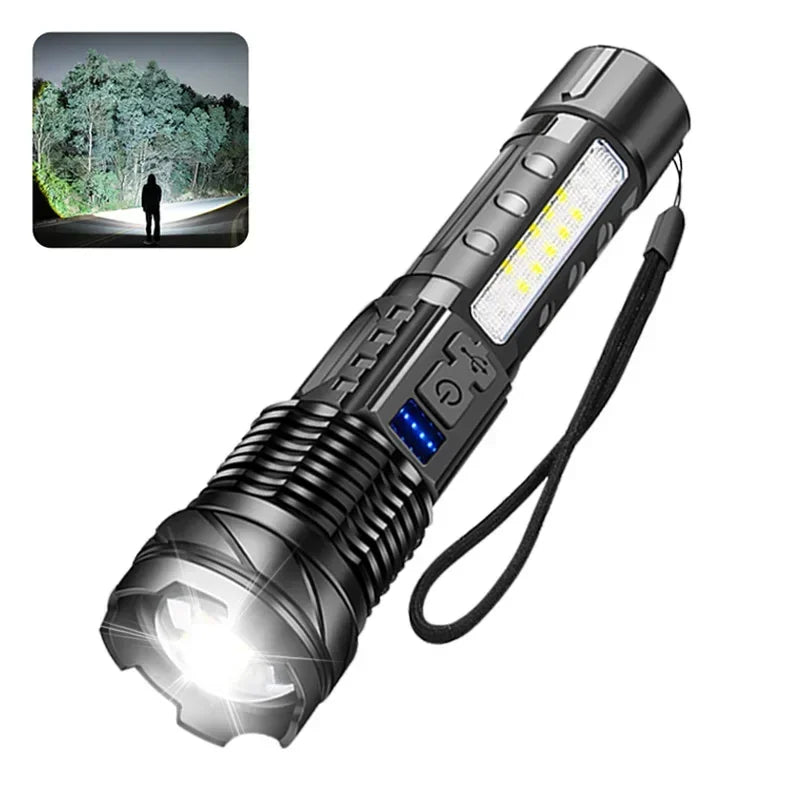 Lanterna LED Recarregável A76 COB Super Brilhante com Zoom, Luz Lateral e Power Bank