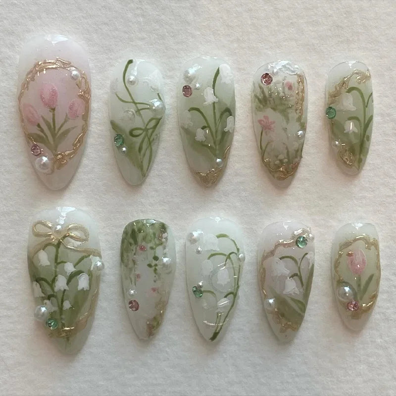 Unhas Postiças 24pcs Rosa Amêndoa com Laços, Corações e Pérolas – Press On Nail Estilo Coreano