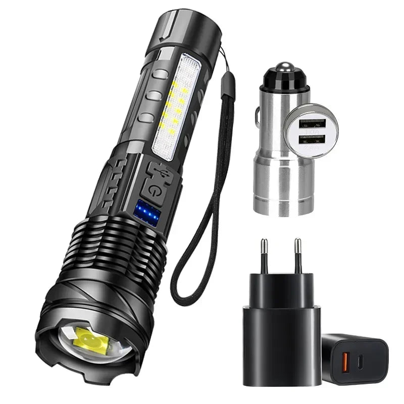 Lanterna LED Recarregável A76 COB Super Brilhante com Zoom, Luz Lateral e Power Bank