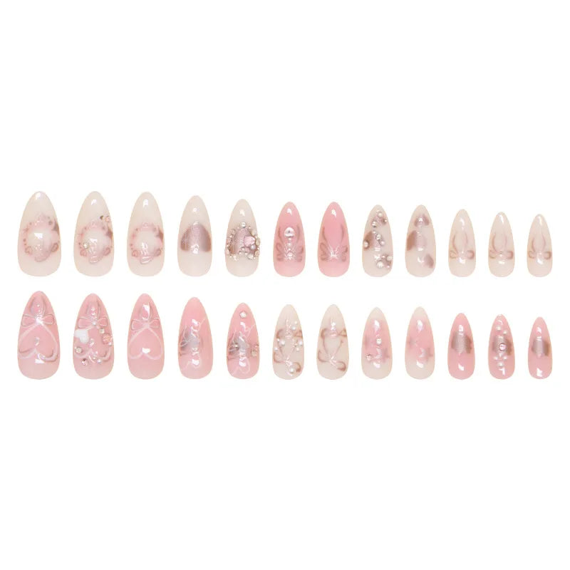 Unhas Postiças 24pcs Rosa Amêndoa com Laços, Corações e Pérolas – Press On Nail Estilo Coreano