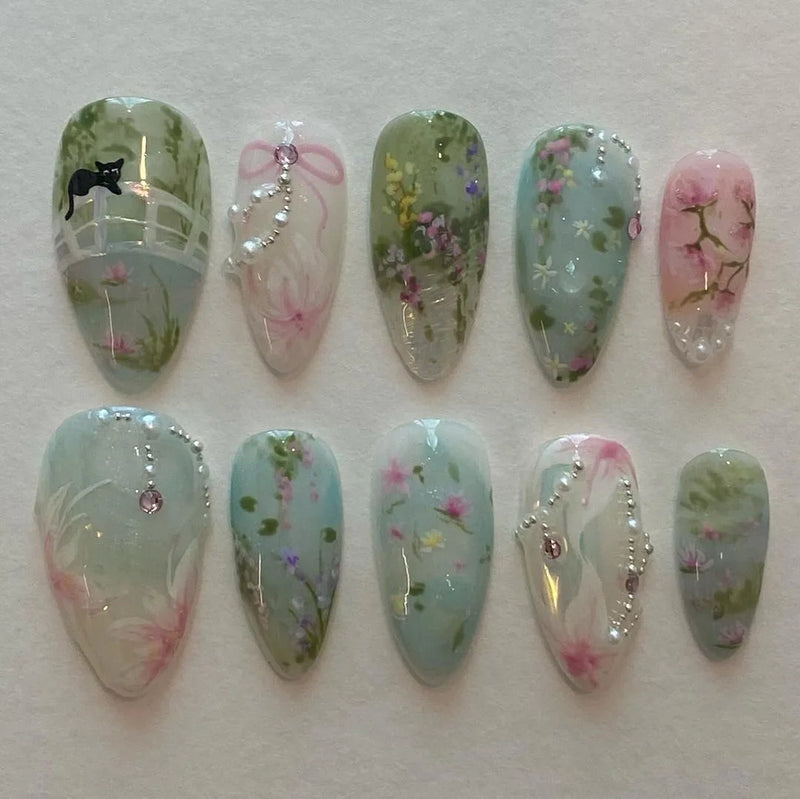 Unhas Postiças 24pcs Rosa Amêndoa com Laços, Corações e Pérolas – Press On Nail Estilo Coreano