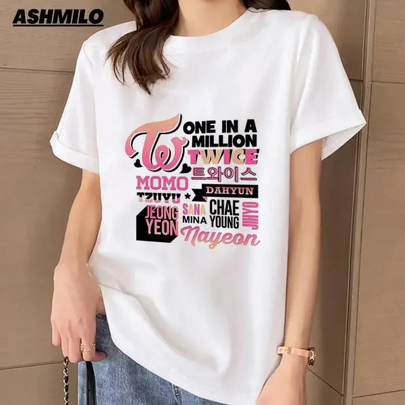 Camiseta TWICE Feminina – Kpop, Manga Curta, Estilo Harajuku Y2K