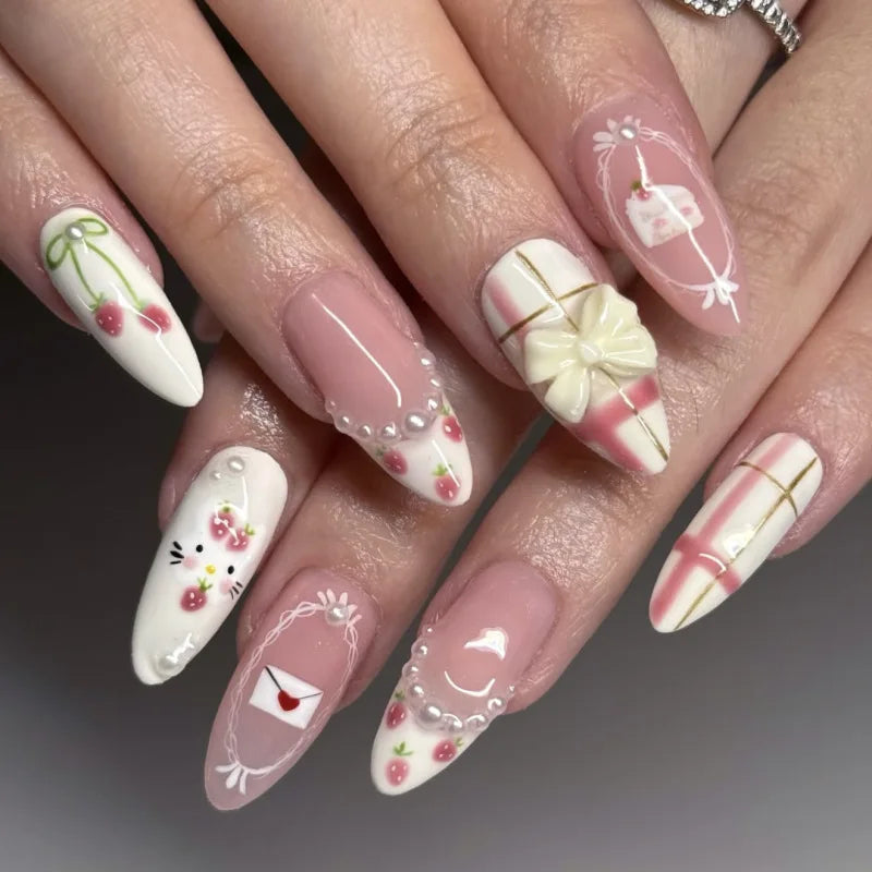 Unhas Postiças 24pcs Rosa Amêndoa com Laços, Corações e Pérolas – Press On Nail Estilo Coreano