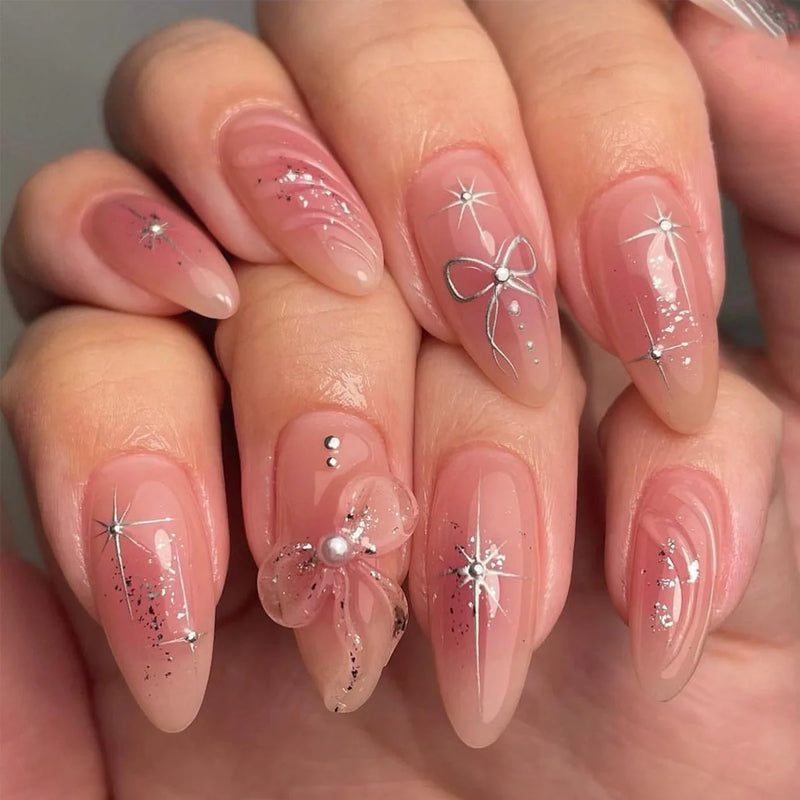 Unhas Postiças 24pcs Rosa Amêndoa com Laços, Corações e Pérolas – Press On Nail Estilo Coreano