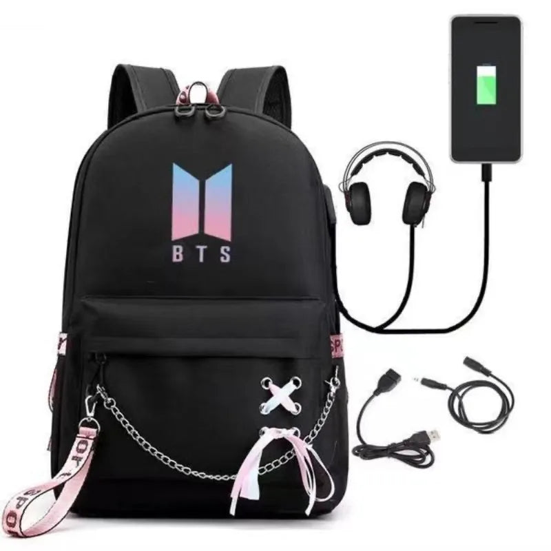 Mochila BTS USB – Unissex, Estilo Jovem, Bolsa Lateral para Estudantes