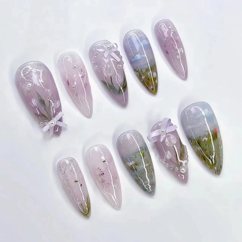 Unhas Postiças 24pcs Rosa Amêndoa com Laços, Corações e Pérolas – Press On Nail Estilo Coreano