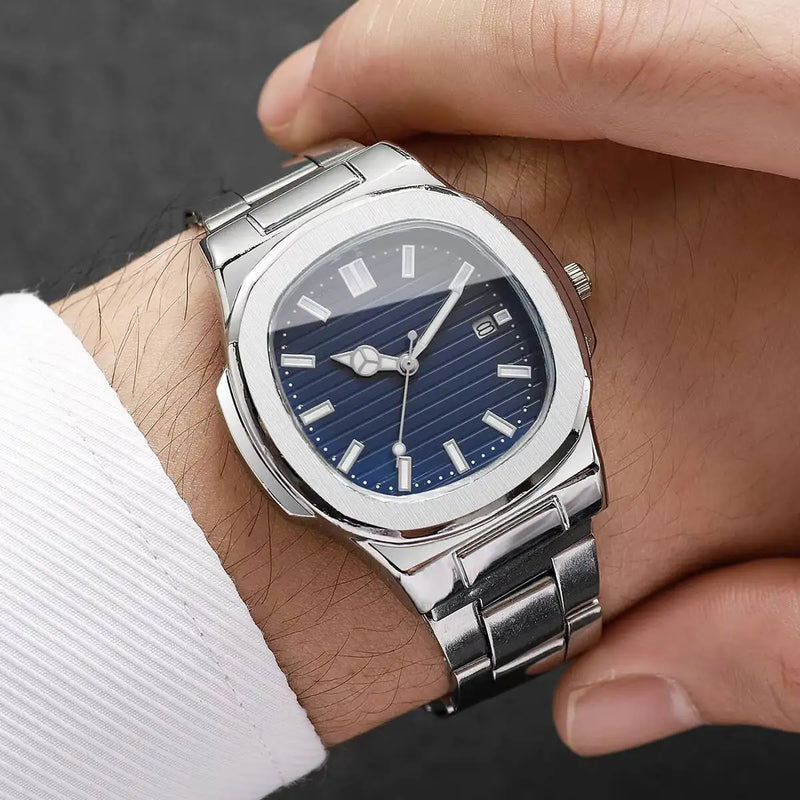 Relógio Masculino Luxo Quadrado Aço Inoxidável com Calendário – Quartz