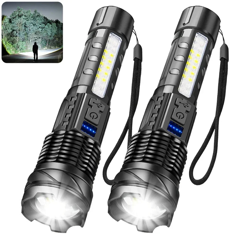 Lanterna LED Recarregável A76 COB Super Brilhante com Zoom, Luz Lateral e Power Bank