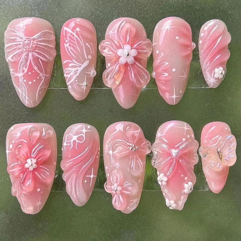 Unhas Postiças 24pcs Rosa Amêndoa com Laços, Corações e Pérolas – Press On Nail Estilo Coreano
