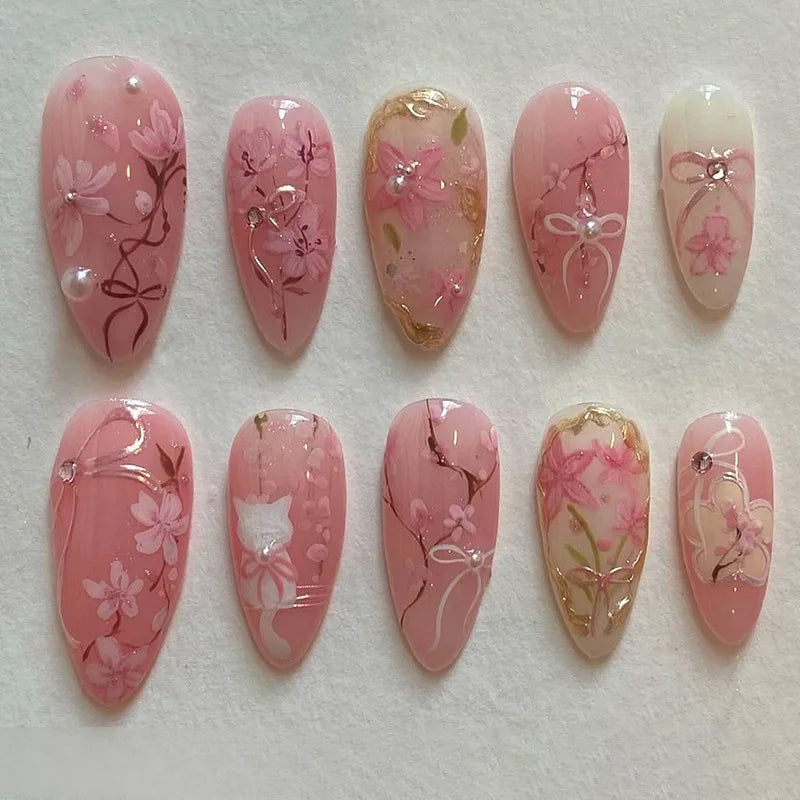 Unhas Postiças 24pcs Rosa Amêndoa com Laços, Corações e Pérolas – Press On Nail Estilo Coreano