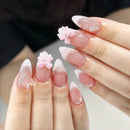 Unhas Postiças 24pcs Rosa Amêndoa com Laços, Corações e Pérolas – Press On Nail Estilo Coreano