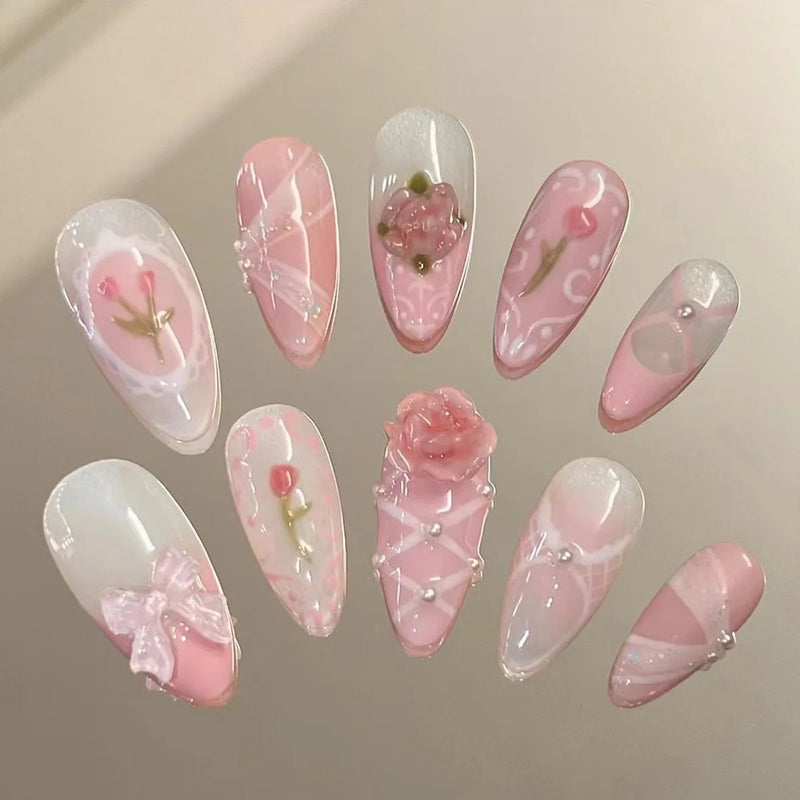 Unhas Postiças 24pcs Rosa Amêndoa com Laços, Corações e Pérolas – Press On Nail Estilo Coreano